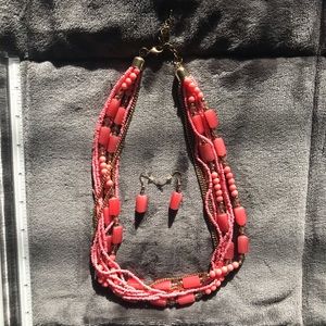 Layered Pink Beaded Necklace and Earrings